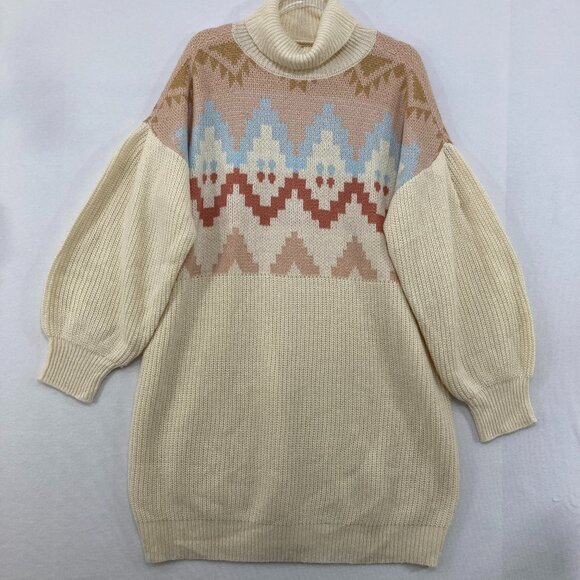 New SO size XXL Cream Boho Print Turtle Neck Puff Sleeve Tunic Sweater Cozy - Picture 1 of 11